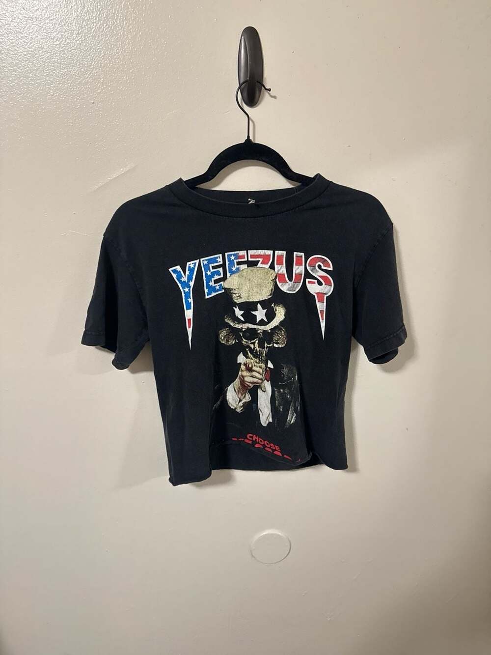 Kanye West Yeezus Tour Uncle Sam Skeleton Graphic T-Shirt Black Cropped